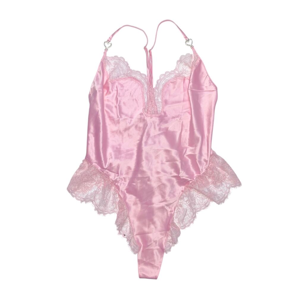 Victoria's Secret Satin Lace Shine Heart Hardware High-Leg Romper Teddy Size XS
